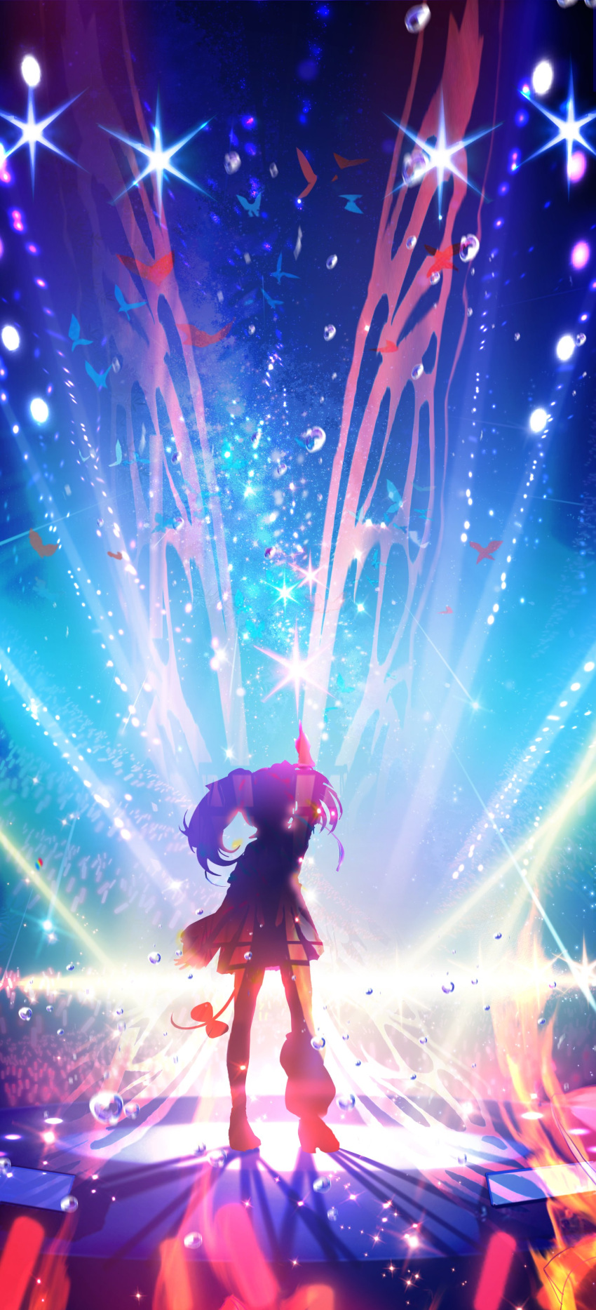 1girl absurdres animal_ears asymmetrical_legwear bow glowstick hakos_baelz highres hololive hololive_english makoron117117 mismatched_legwear mouse_ears mouse_tail pointing pointing_up stage stage_lights tail tail_bow tail_ornament twintails uneven_twintails virtual_youtuber water_drop