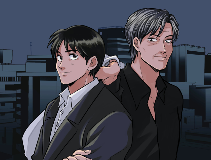 2boys black_eyes black_hair black_shirt blazer city closed_mouth collared_shirt commentary_request fukumoto_mahjong grey_hair igawa_hiroyuki jacket looking_at_viewer male_focus medium_bangs multicolored_hair multiple_boys sawada_(ten) shirt short_hair smile streaked_hair ten_(manga) upper_body white_shirt wrinkled_skin y_(yism)