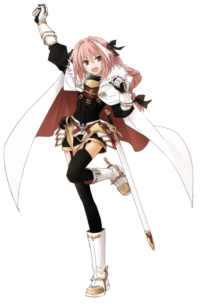 1boy absurdres arm_up armor armored_skirt astolfo_(fate) black_bow black_thighhighs boots bow braid cape cape_hold cross emblem fang fate/apocrypha fate/grand_order fate_(series) fur-trimmed_cape fur_trim garter_straps gauntlets hair_between_eyes hair_bow highres horn_(instrument) jewelry konoe_ototsugu leg_up long_hair male_focus multicolored_hair otoko_no_ko pink_hair purple_eyes scabbard sheath simple_background single_braid solo standing standing_on_one_leg streaked_hair sword thighhighs transparent_background two-sided_cape two-sided_fabric weapon white_cape white_footwear white_fur white_hair zettai_ryouiki