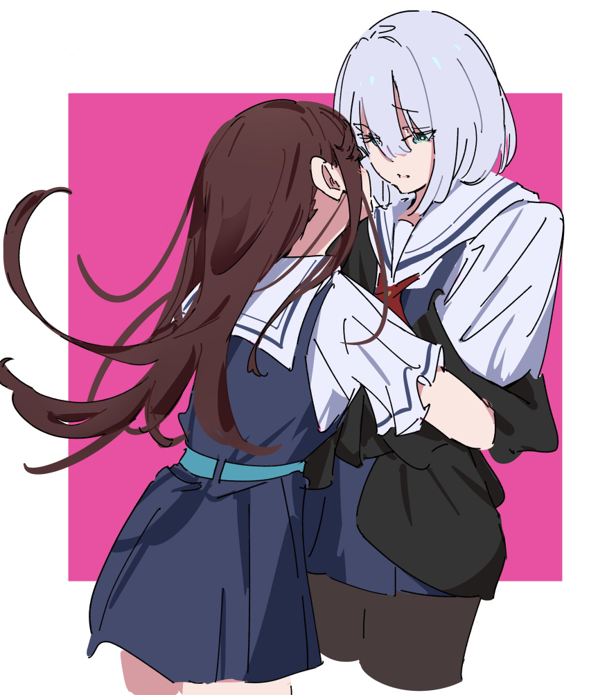 2girls absurdres after_kiss asaka_kaori atenaba belt black_jacket black_pantyhose blue_dress blue_eyes blush brown_hair commentary_request cowboy_shot dress highres hoshikawa_shizuku hug jacket kimi_to_tsuzuru_utakata long_hair medium_hair multiple_girls neckerchief off_shoulder pantyhose parted_lips pink_background red_neckerchief sailor_collar saliva saliva_trail school_uniform serafuku short_sleeves two-tone_background white_background white_hair white_sailor_collar yuri