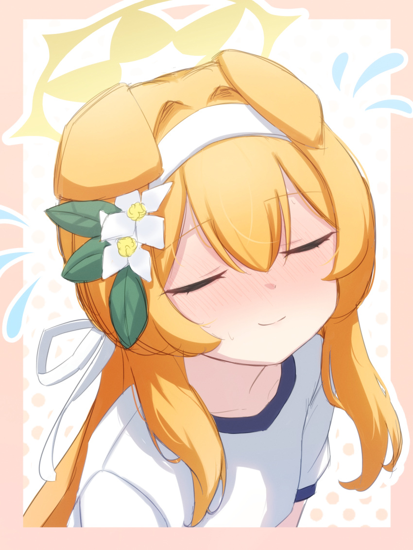 1girl animal_ears blue_archive blush closed_eyes closed_mouth ears_down flower gym_shirt hair_between_eyes hair_flower hair_ornament hair_ribbon hairband halo highres k0me mari_(blue_archive) mari_(track)_(blue_archive) orange_hair ribbon shirt solo white_flower white_hairband white_ribbon yellow_halo