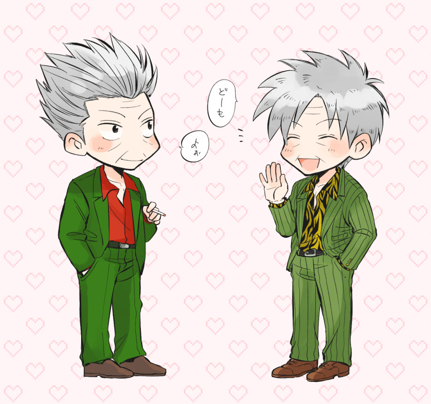 2boys akagi_shigeru animal_print black_eyes cigarette closed_eyes closed_mouth collared_shirt commentary_request fukumoto_mahjong full_body gin_to_kin green_jacket green_pants grey_hair hair_slicked_back hand_in_pocket heart heart_background highres hirai_ginji holding holding_cigarette jacket looking_at_another male_focus medium_bangs multiple_boys old old_man open_mouth pants pointy_hair print_shirt shirt short_hair smile standing striped_clothes striped_jacket suit ten_(manga) tiger_print vertical-striped_clothes vertical-striped_jacket waving wrinkled_skin y_(yism)