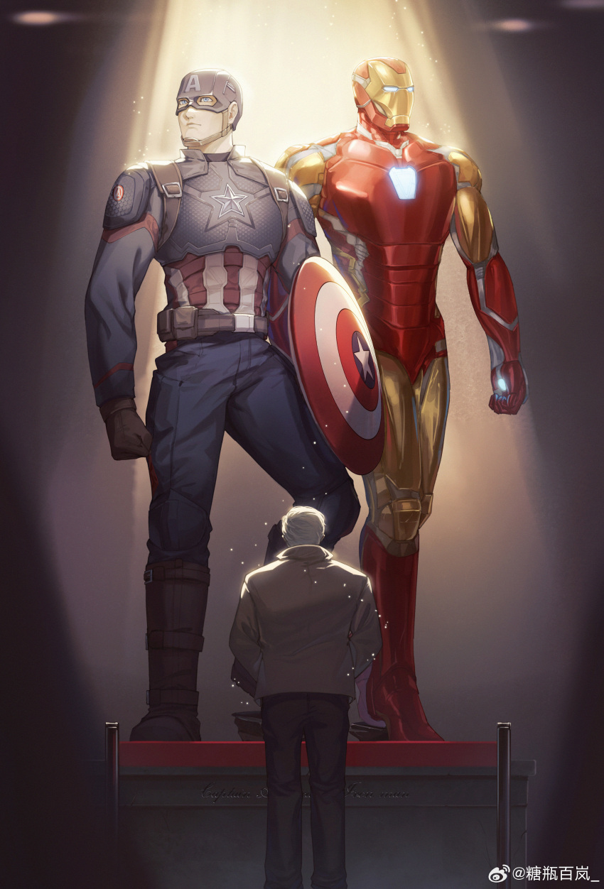 1boy absurdres arc_reactor armor avengers:_endgame avengers_(series) back belt black_pants blue_bodysuit blue_eyes bodysuit boots brown_belt brown_footwear brown_gloves brown_jacket captain_america clenched_hand closed_mouth full_armor gloves grey_hair helmet highres holding holding_shield iron_man jacket long_sleeves looking_to_the_side male_focus marvel marvel_cinematic_universe multicolored_armor pants power_armor red_armor shield short_hair solo stage_lights standing star_(symbol) statue steve_rogers striped_bodysuit superhero weibo_7679603574 yellow_armor