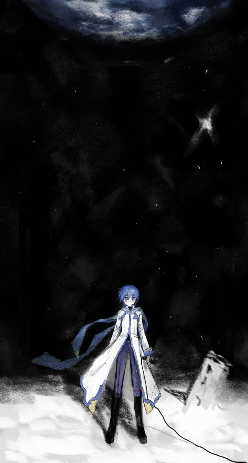 1boy absurdres black_footwear blue_eyes blue_hair blue_scarf blush boots cable coat dark full_body hair_between_eyes high_collar highres holding holding_microphone kaito_(vocaloid) knee_boots light_smile looking_at_viewer microphone mnkurooo pale_skin scarf shadow short_hair simple_background smile standing star_(sky) vocaloid white_coat