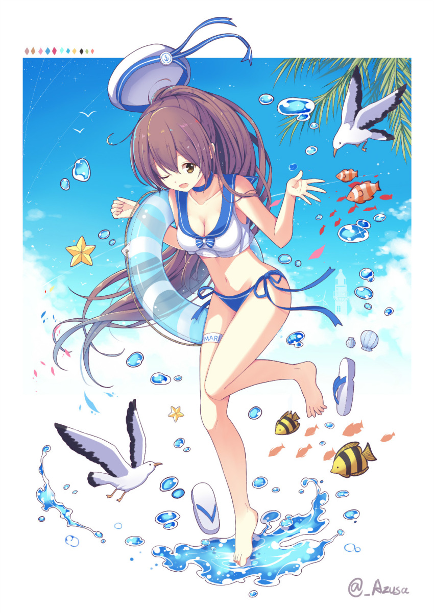 ;d angelfish barefoot bikini bird breasts brown_eyes brown_hair bubble character_request cleavage clownfish flip-flops hat hearts_recollection highres hzyang innertube leg_garter long_hair navel one_eye_closed open_mouth palm_tree panties ponytail sailor_bikini sailor_collar sailor_hat sandals scallop seagull side-tie_panties signature smile solo splashing starfish swimsuit tree underwear very_long_hair