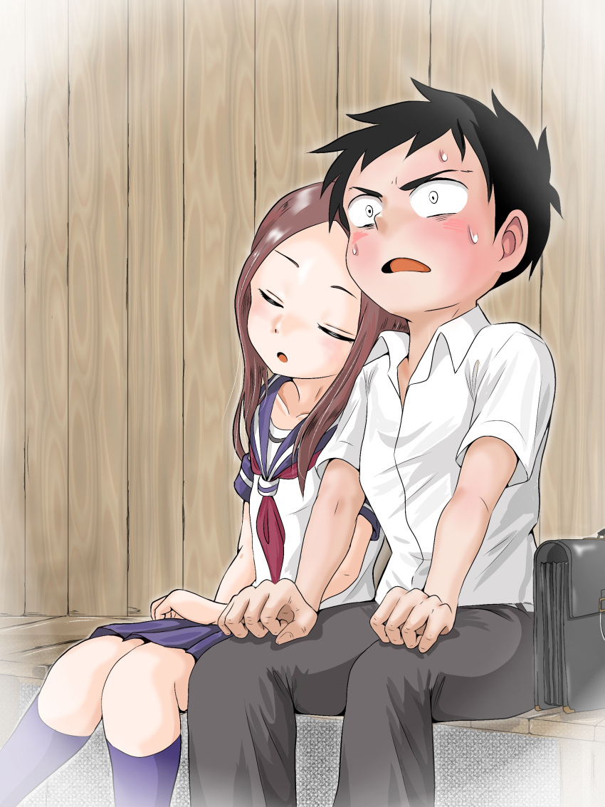 1boy 1girl absurdres bag bench black_hair blue_socks blush brown_hair closed_eyes commentary_request forehead full-face_blush hatomugi_(user_datj4345) head_on_another's_shoulder highres karakai_jouzu_no_takagi-san kneehighs nervous nishikata school_bag school_uniform serafuku sitting sleeping sleeping_on_person socks sweat takagi-san