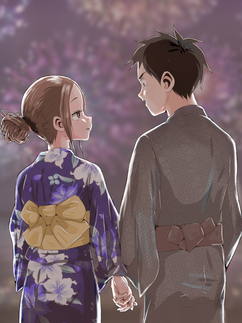 1boy 1girl absurdres alternate_hairstyle black_robe blurry blurry_background commentary_request fireworks forehead from_behind hair_bun hatomugi_(user_datj4345) hetero highres holding_hands interlocked_fingers japanese_clothes karakai_jouzu_no_(moto)_takagi-san karakai_jouzu_no_takagi-san kimono nishikata purple_kimono robe single_hair_bun smile takagi-san yukata