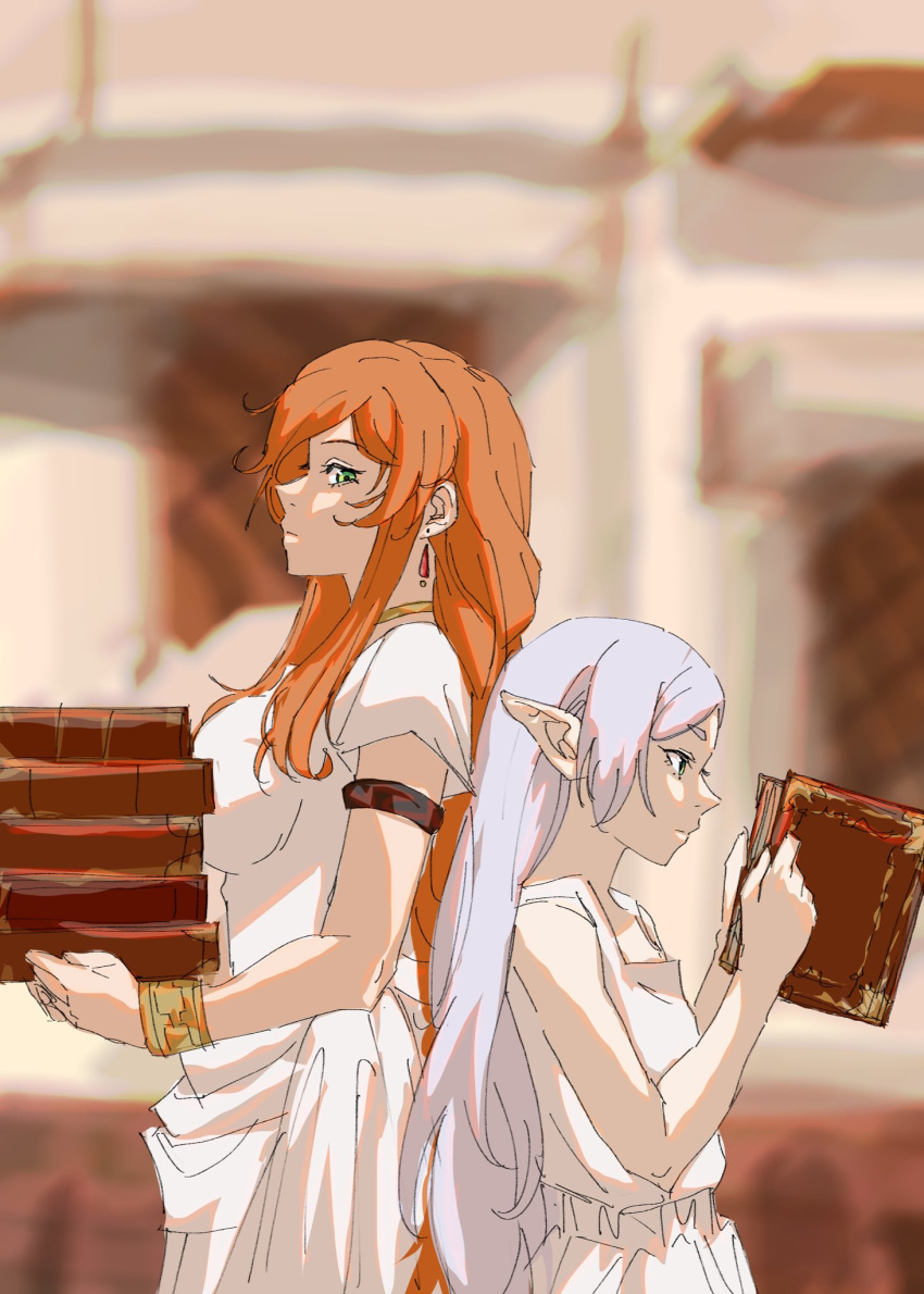 2girls blurry blurry_background book dress earrings elf flamme_(sousou_no_frieren) fr_kaeru frieren highres jewelry multiple_girls orange_hair pointy_ears reading sousou_no_frieren standing white_dress white_hair