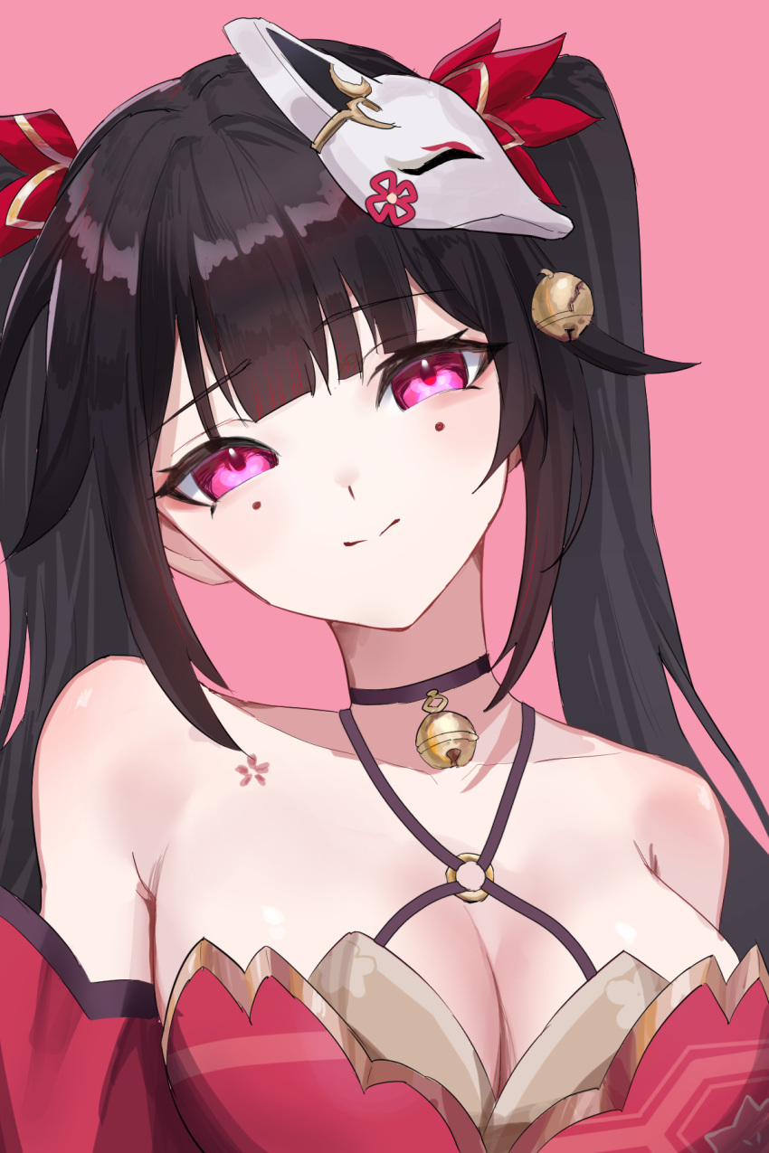 1girl bare_shoulders bell black_choker blush bow breasts brown_hair choker cleavage closed_mouth collarbone dress fox_mask hair_bow head_tilt highres honkai:_star_rail honkai_(series) large_breasts long_hair looking_at_viewer mask mask_on_head neck_bell pechino pink_background pink_eyes portrait red_bow red_dress simple_background sleeveless sleeveless_dress smile solo sparkle_(honkai:_star_rail) twintails