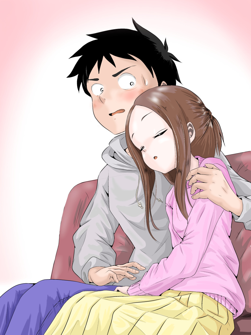 1boy 1girl absurdres arm_around_shoulder black_hair brown_hair commentary_request couch grey_hoodie hatomugi_(user_datj4345) highres hood hoodie karakai_jouzu_no_(moto)_takagi-san karakai_jouzu_no_takagi-san long_skirt nervous nishikata pink_sweater pleated_skirt short_ponytail sitting skirt sweatdrop sweater takagi-san yellow_skirt