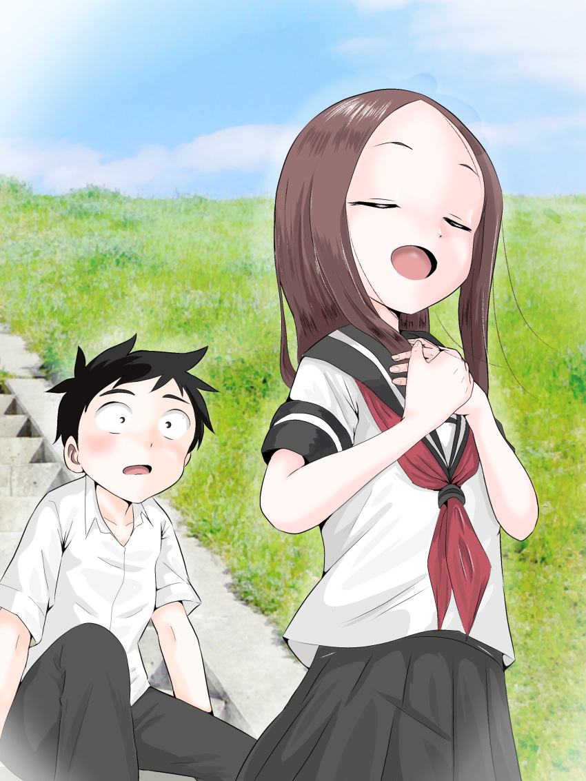 1boy 1girl absurdres black_hair black_pants blue_sky blush brown_hair cloud collared_shirt commentary_request grass hands_on_own_chest hatomugi_(user_datj4345) highres karakai_jouzu_no_takagi-san nishikata open_mouth pants pleated_skirt school_uniform serafuku shirt sitting sitting_on_stairs skirt sky stairs takagi-san