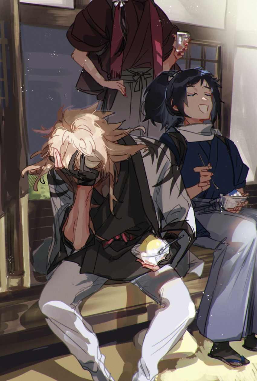 3boys :d black_gloves black_hair black_socks blonde_hair blue_kimono brain_freeze chromatic_aberration closed_eyes food gloves grey_hakama hakama hakama_pants hand_on_own_face haori highres holding holding_spoon ichimonji_norimune japanese_clothes kashuu_kiyomitsu kimono long_hair long_sleeves male_focus medium_hair mole mole_under_eye multiple_boys open_mouth outdoors pants partially_fingerless_gloves ponytail red_kimono sandals shaved_ice short_hair sitting smile socks spoon spoon_straw standing tandem touken_ranbu white_pants yamato-no-kami_yasusada zouri