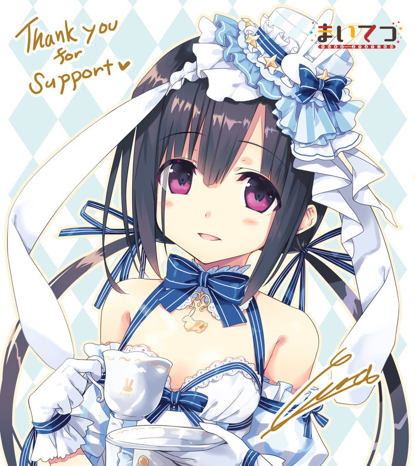 :d animal_ears argyle argyle_background bangs bare_shoulders black_hair blue_bow blue_ribbon blush bow breasts bunny_ears cup cura detached_sleeves dress english eyebrows_visible_through_hair fantia_reward gloves hair_between_eyes hair_ribbon hat hayase_fukami highres holding holding_cup holding_saucer long_hair low_twintails maitetsu mini_hat mini_top_hat open_mouth paid_reward puffy_sleeves purple_eyes ribbon saucer signature small_breasts smile solo striped striped_bow striped_ribbon teacup thank_you tilted_headwear top_hat twintails very_long_hair white_dress white_gloves white_hat