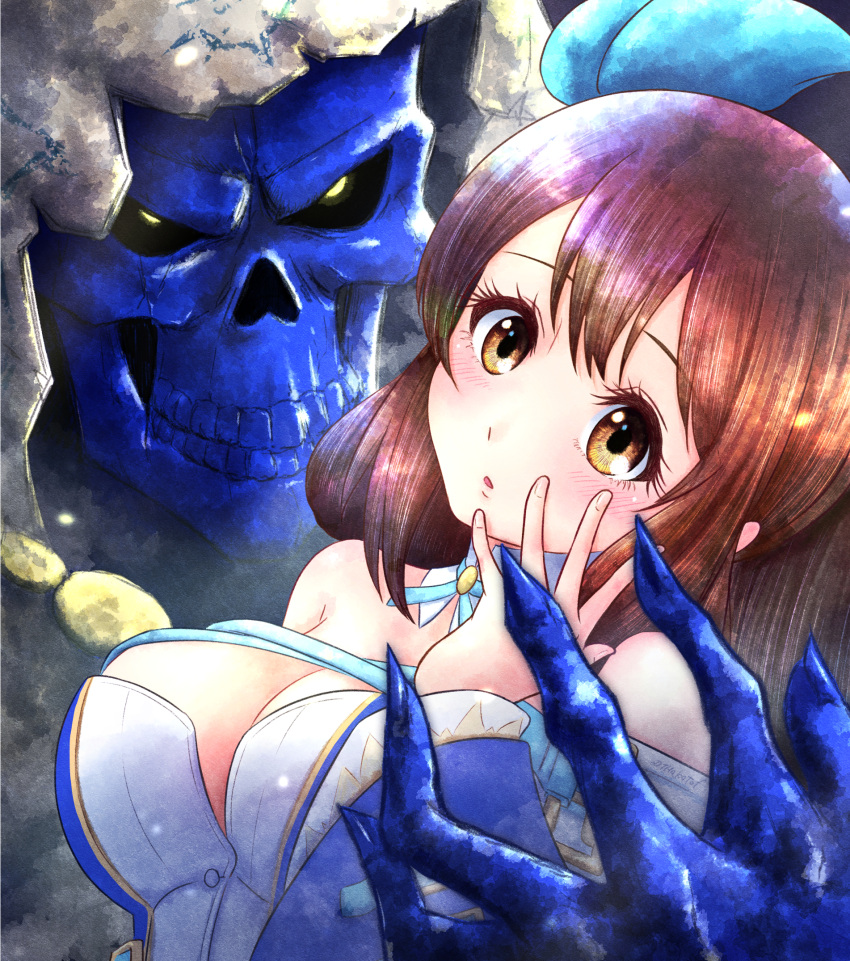 1girl alternate_color bare_shoulders belt blue_ribbon breasts brown_hair cleavage cleavage_cutout clothing_cutout detached_collar dizzy_(guilty_gear) fingernails guilty_gear guilty_gear_xrd hair_between_eyes hair_ribbon hair_rings hand_on_own_face highres hood hood_up large_breasts long_hair monster_girl necro_(guilty_gear) off_shoulder open_mouth parted_lips ribbon sharp_fingernails shirt skeleton skull solo tmakatof twintails upper_body white_shirt yellow_eyes