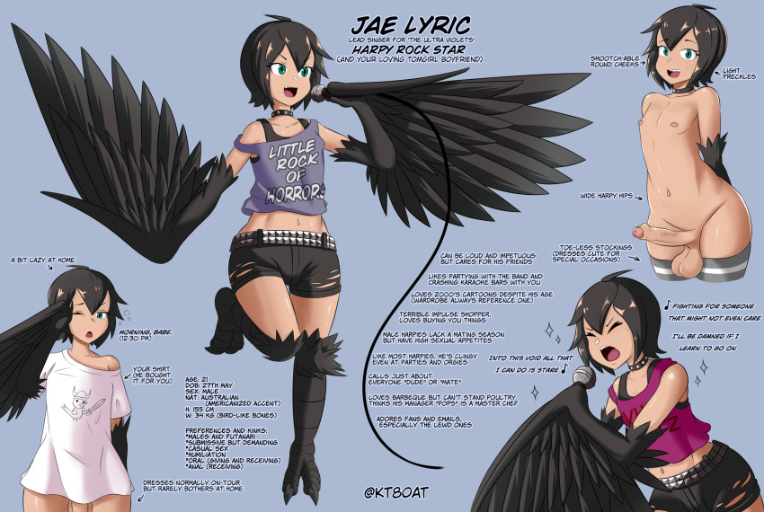 1boy belt bird_legs black_choker black_feathers black_hair black_shorts black_wings blue_background character_name character_profile choker english_text feathers foreskin freckles green_eyes harpy_boy highres holding holding_microphone jae_(kt80at) kt80at male_focus microphone midriff monster_boy music navel nipples nude open_mouth original penis phimosis shirt short_hair shorts singing talons tan tank_top testicles thighhighs torn_clothes torn_shorts twitter_username white_shirt wings