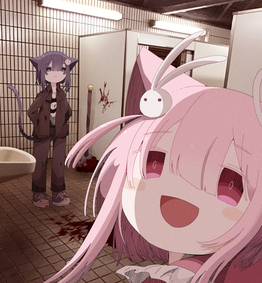 2girls animal_ears ashi_izumo bathroom black_hair black_jacket black_pants blood blood_on_ground blood_on_wall blush cat_ears cat_girl cat_hair_ornament cat_tail closed_mouth collared_jacket converse empty_eyes film_grain floating_hair hair_between_eyes hair_flaps hair_ornament half-closed_eyes hands_in_pockets highres indoors jacket looking_at_viewer looking_back medium_hair multiple_girls open_clothes open_jacket open_mouth original pants perspective photo_background pink_eyes pink_hair rabbit_hair_ornament raised_eyebrows shirt shoelaces shoes sidelocks sink smile standing tail tile_floor tile_wall tiles toilet_stall