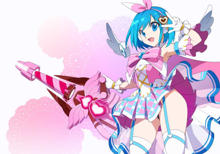 1girl bare_shoulders blue_eyes blue_hair blue_skirt cape detached_sleeves detached_wings energy_cannon garter_straps gloves hair_ribbon holding_cannon kaidou_zx looking_at_viewer magical_girl mechanical_wings mega_man_(series) mega_man_x_(series) mega_man_x_dive pink_cape pink_skirt print_skirt ribbon rico_(mega_man) robot_girl short_hair skirt solo thighhighs thighs v white_gloves white_thighhighs wings zettai_ryouiki