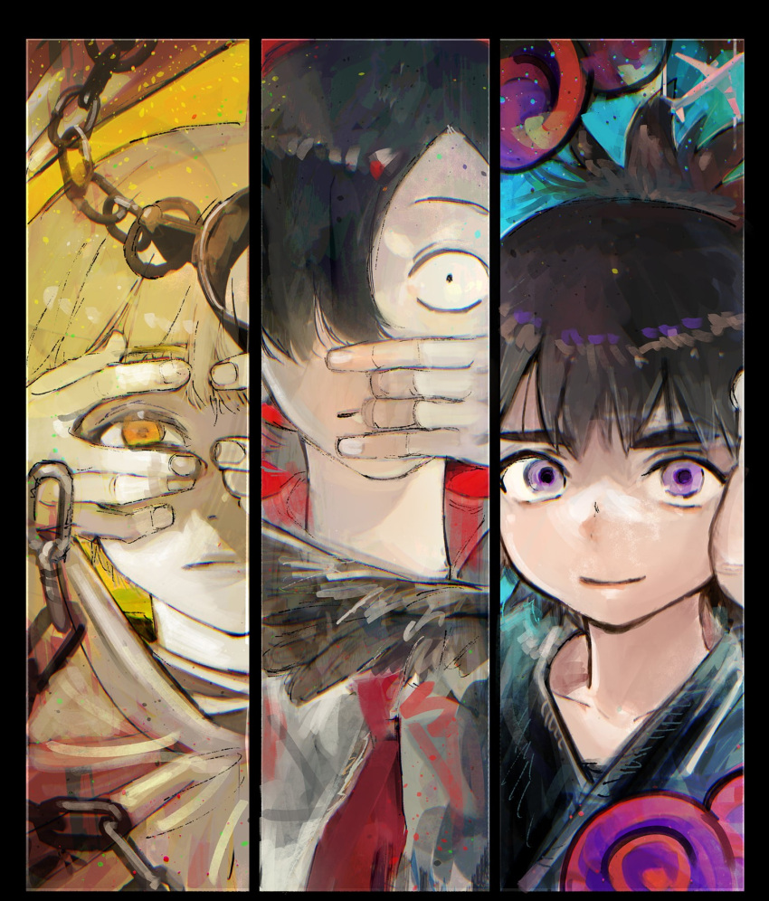 1girl 2boys black_hair blonde_hair chain choujin_x colored_smoke covering_one_eye covering_own_ears covering_own_mouth higashi_azuma_(choujin_x) highres ishida_sui japanese_clothes kurohara_tokio_(choujin_x) multicolored_background multiple_boys official_art otta_ely_(choujin_x) purple_eyes smoke three_monkeys wings yellow_eyes