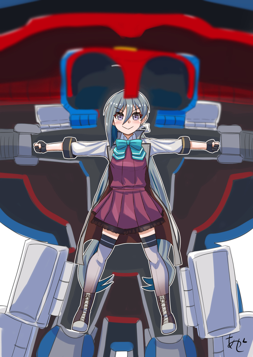 1girl ahoge akashieru aqua_bow aqua_bowtie artist_logo black_gloves bow bowtie coat dress fingerless_gloves full_body gloves grey_coat grey_eyes grey_hair grey_pantyhose grey_thighhighs hair_between_eyes halter_dress halterneck highres kantai_collection kiyoshimo_(kancolle) kiyoshimo_kai_ni_(kancolle) long_hair low_twintails machinery mecha one-hour_drawing_challenge outstretched_arms pantyhose purple_dress robot solo standing thighhighs twintails very_long_hair