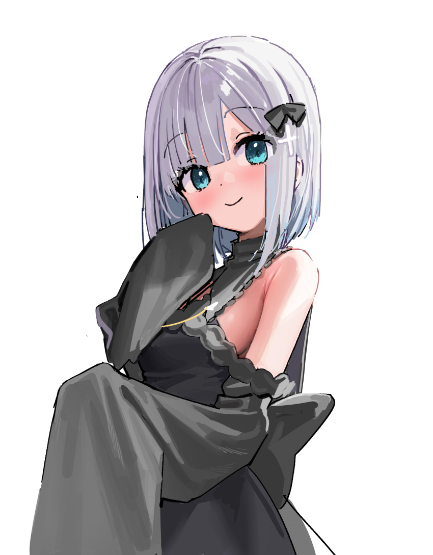 1girl absurdres bare_shoulders black_bow black_dress blue_eyes bow breasts closed_mouth commentary_request dress grey_hair hair_bow highres kaga_sumire kanzarin long_sleeves looking_at_viewer medium_breasts simple_background sleeves_past_fingers sleeves_past_wrists smile solo virtual_youtuber vspo! white_background