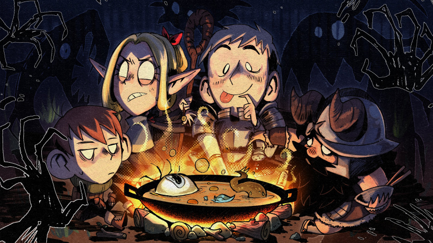 1girl 3boys :p absurdres armor beard black_hair blank_eyes blonde_hair blue_capelet blue_robe boots bowl brown_gloves campfire capelet chilchuck_tims chopsticks clenched_teeth cooking covered_mouth crossover don't_starve dungeon_meshi dwarf elf english_commentary eyeball facial_hair fake_horns fingerless_gloves flip-flops food gloves green_scarf grey_hair hair_around_ear halfling helmet highres holding holding_bowl holding_staff hood hood_down hooded_capelet horned_helmet horns jitome laios_thorden leather_armor long_beard long_hair long_sleeves looking_back making-of_available marcille_donato monster multiple_boys mustache night on_ground outstretched_arm parody parted_bangs pauldrons plate_armor pointy_ears quo_(quoiseternal) red_hair robe salt_shaker sandals scarf senshi_(dungeon_meshi) shirt short_hair shoulder_armor sitting soup sprout staff style_parody teeth tentacles tongue tongue_out undercut vambraces white_shirt