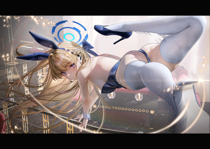 1girl animal_ears arm_up armpits ass bare_shoulders blonde_hair blue_archive blue_eyes blue_halo blue_leotard blush breasts commentary_request detached_collar earpiece fake_animal_ears fake_tail hair_ribbon halo high_heels highleg highleg_leotard highres kicking leotard long_hair looking_at_viewer looking_back medium_breasts nanaken_nana official_alternate_costume open_mouth playboy_bunny rabbit_ears rabbit_tail revision ribbon solo strapless strapless_leotard tail thighhighs toki_(blue_archive) toki_(bunny)_(blue_archive) very_long_hair white_thighhighs wrist_cuffs