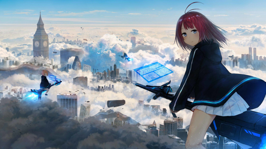 akky_(akimi1127) antenna_hair bad_id bad_pixiv_id bangs bird black_footwear black_jacket blue_eyes blue_sky building cityscape clock clock_tower closed_mouth cloud commentary_request day eyebrows_visible_through_hair flying highres holographic_interface hood hood_down hooded_jacket jacket light_brown_hair long_sleeves looking_at_viewer looking_to_the_side multiple_girls open_clothes open_jacket orange_hair original outdoors pleated_skirt red_hair riding shoes skirt sky skyscraper sleeves_past_wrists smile tower translation_request white_skirt