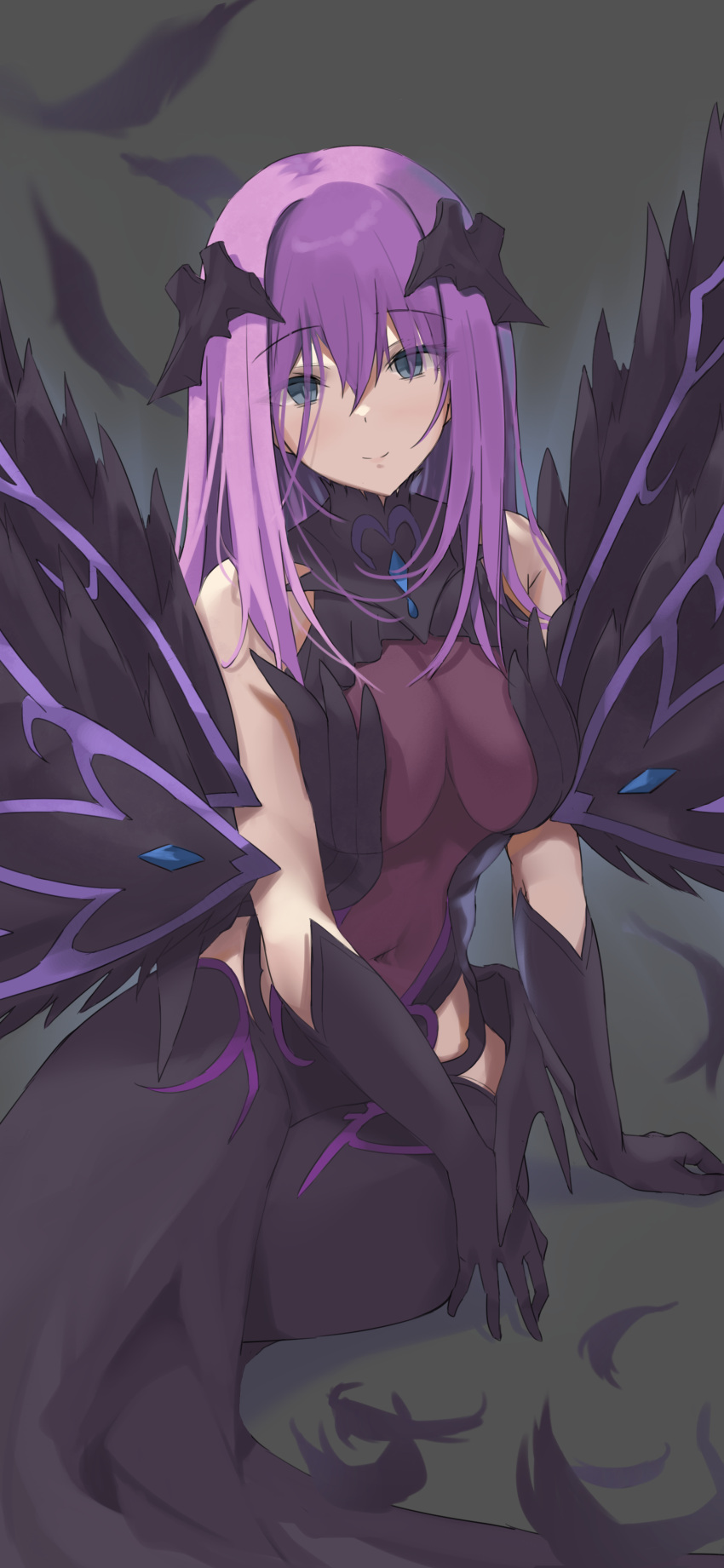 1girl absurdres bare_shoulders black_gloves black_wings blue_eyes breasts elbow_gloves eris_(princess_connect!) gloves hair_between_eyes highres leotard leotard_under_clothes princess_connect! purple_hair rain_yadori sitting smile solo wings