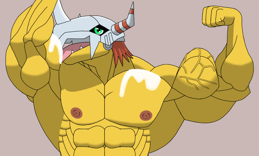 abs armor bandai_namco bodily_fluids cum cum_on_arm cum_on_biceps cum_on_chest cum_on_own_chest cum_on_self digimon digimon_(species) erect_nipples flexing flexing_bicep flexing_both_biceps genital_fluids green_eyes hair headgear headgear_only helmet helmet_only hi_res horn humanoid licking licking_arm licking_cum licking_own_cum male nipples nude nude_male pecs red_hair secromon self_lick sharp_teeth solo teeth tongue tongue_out vein veiny_muscles wargreymon yellow_body