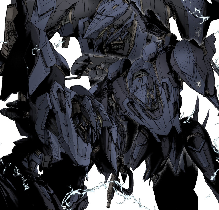 armored_core armored_core_6 cowboy_shot electricity gun highres holding holding_gun holding_weapon mecha mecha_focus missile_pod missing_limb mznomono no_humans robot science_fiction simple_background standing steel_haze thrusters weapon weapon_on_back white_background