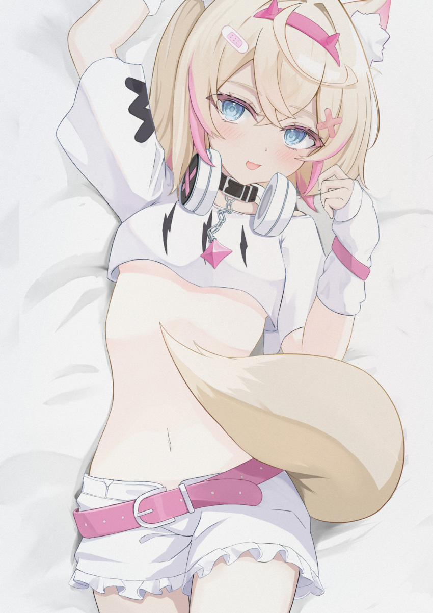 1girl :d animal_ear_fluff animal_ears bandaid bandaid_hair_ornament belt black_choker blonde_hair blue_eyes breasts choker cropped_shirt detached_sleeves dog_ears dog_tail fang hair_ornament hairband headphones headphones_around_neck highres hololive hololive_english looking_at_viewer lying mococo_abyssgard multicolored_hair navel on_back on_bed paru_(parunprunpa) pendant_choker pink_belt pink_hair pink_hairband shirt shorts skin_fang sleeves_past_wrists small_breasts smile solo spiked_hairband spikes streaked_hair tail virtual_youtuber white_shirt white_shorts x_hair_ornament