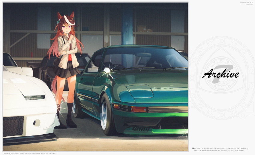 1girl animal_ears bag black_bag black_car black_footwear black_skirt black_socks brown_hair car character_request earrings english_text full_body garage green_car handbag hands_up highres horse_ears horse_girl horse_tail jacket jewelry long_sleeves looking_at_viewer mazda mazda_rx-7 mazda_rx-7_fb medium_hair messy_hair miniskirt motor_vehicle multicolored_hair pleated_skirt purple_eyes red_shirt run_rotary shirt shoes skirt smile socks solo sports_car standing symboli_rudolf_(umamusume) tail two-tone_hair umamusume vehicle_focus white_car white_hair white_jacket