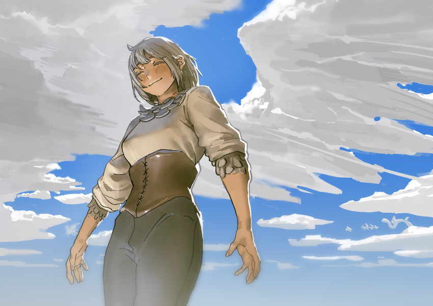1girl blue_sky bly_mead closed_eyes cloud cloudy_sky corset dragon dungeon_meshi falin_thorden feathers from_above highres pants shirt sky smile white_hair white_shirt wings