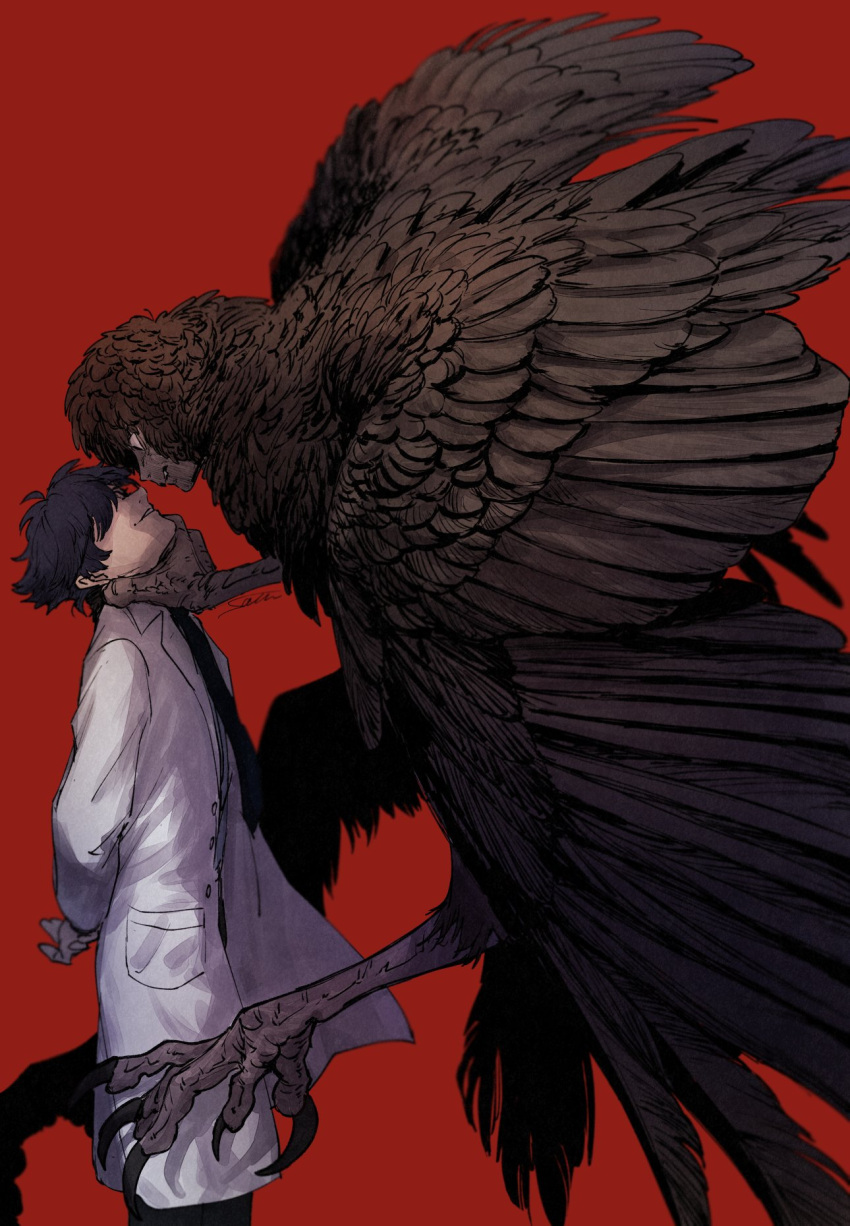 1boy angry arms_behind_back bell7545 black_hair brown_wings clenched_teeth face-to-face facing_another flying harpy_boy highres lab_coat long_sleeves looking_at_another male_focus monster_boy necktie original profile red_background short_hair signature simple_background smirk standing strangling teeth wings