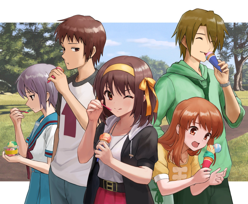 2boys 3girls ;q absurdres asahina_mikuru belt black_belt black_jacket blue_pants blue_sailor_collar blue_skirt bob_cut brown_eyes brown_hair casual closed_eyes collarbone commentary_request cup food green_hoodie green_necktie green_pants hair_ribbon hairband hand_in_pocket hand_up highres holding holding_cup holding_food holding_spoon hood hoodie ice_cream ice_cream_cone ice_cream_spoon ishiyuki jacket kita_high_school_uniform koizumi_itsuki kyon licking long_hair looking_at_viewer medium_hair multiple_boys multiple_girls nagato_yuki necktie one_eye_closed open_clothes open_jacket orange_eyes orange_hair outdoors pants purple_hair raglan_sleeves red_ribbon red_skirt revision ribbon sailor_collar school_uniform serafuku shirt short_hair short_sleeves single_scoop skirt spoon summer_uniform suzumiya_haruhi suzumiya_haruhi_no_yuuutsu t-shirt tongue tongue_out tree triple_scoop upper_body watch white_shirt winter_uniform wristwatch yellow_hairband yellow_ribbon yellow_shirt