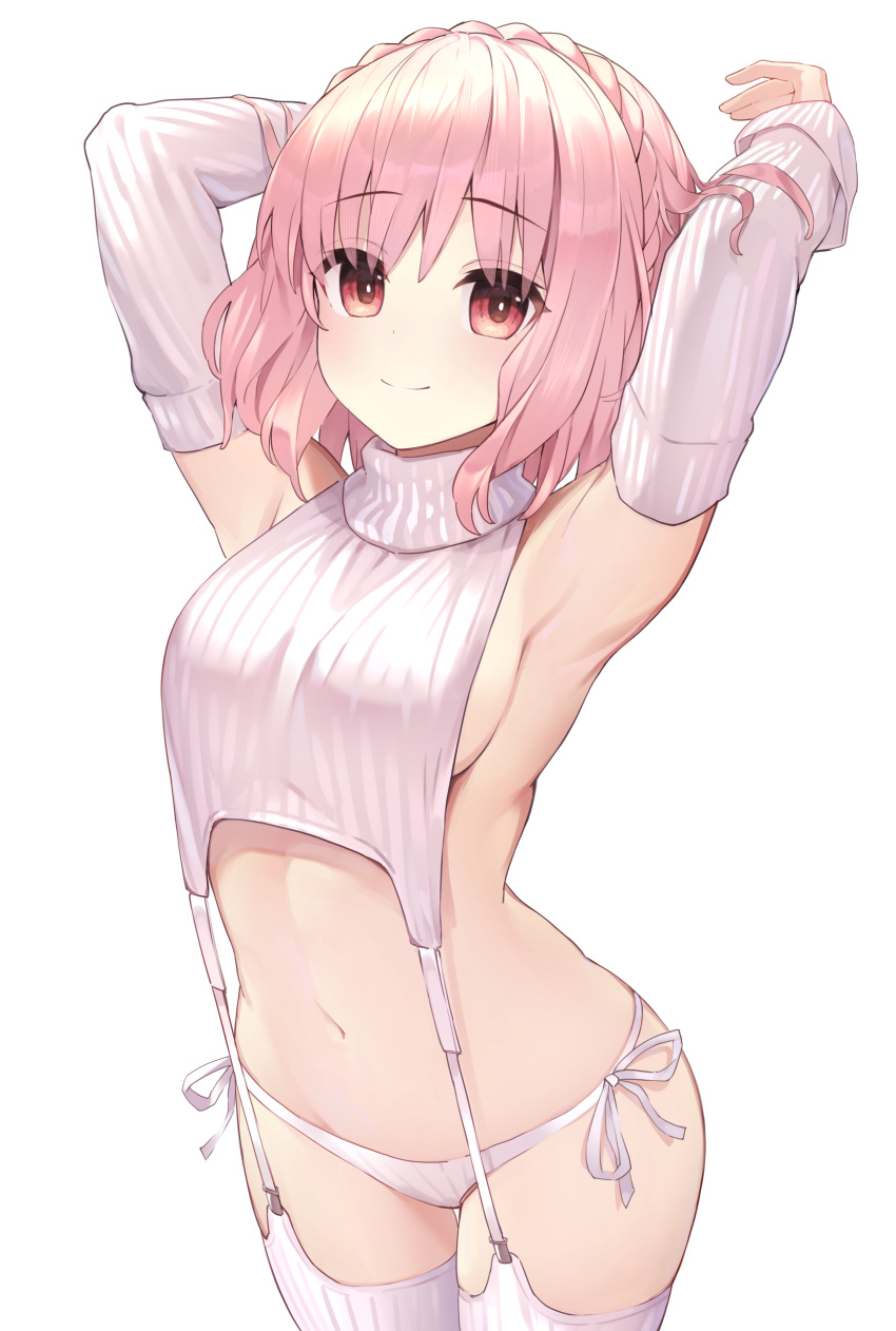 1girl absurdres armpits arms_up braid breasts closed_mouth commentary_request commission cowboy_shot crown_braid date_a_live detached_sleeves highres looking_at_viewer medium_breasts meme_attire mimihachi navel panties pink_hair pixiv_commission red_eyes ribbed_sleeves ribbed_sweater ribbed_thighhighs short_hair side-tie_panties sideboob simple_background smile solo sonogami_rinne stomach sweater thighhighs underwear virgin_destroyer_sweater white_background white_panties white_sweater white_thighhighs