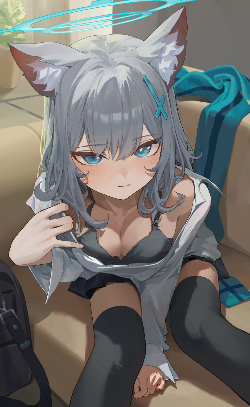 1girl absurdres animal_ear_fluff animal_ears aqua_scarf between_legs black_bra black_skirt black_thighhighs blue_archive blue_eyes blue_halo blush bra breasts cleavage closed_mouth collared_shirt commentary_request couch cross cross_hair_ornament grey_hair hair_ornament halo hand_between_legs highres indoors inverted_cross korean_commentary long_sleeves looking_at_viewer medium_breasts mismatched_pupils off_shoulder on_couch plant potted_plant ritae scarf seductive_smile shiroko_(blue_archive) shirt short_hair skirt smile solo thighhighs underwear unworn_scarf white_shirt wolf_ears wolf_girl