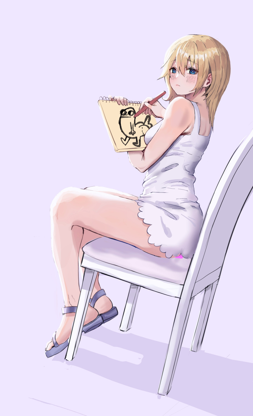 1girl absurdres awesomeerix blonde_hair chair dickbutt dildo drawing_(object) dress highres holding holding_notepad kingdom_hearts kingdom_hearts_chain_of_memories namine no_panties notepad object_insertion pencil sandals sex_toy short_dress simple_background sitting solo