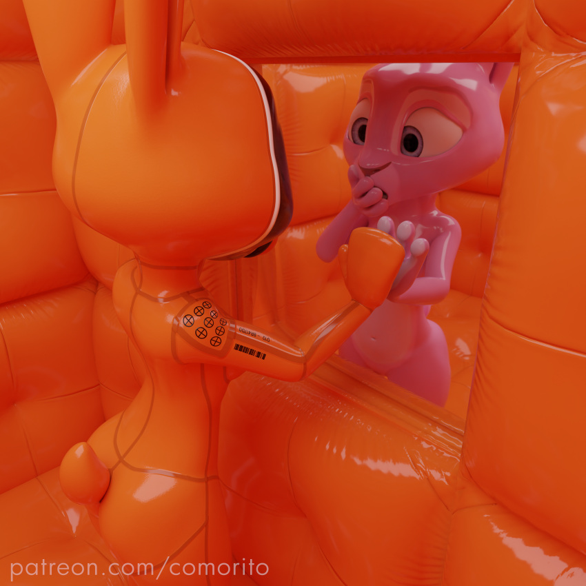 3d_(artwork) absurd_res blender_(software) bound clothing comorito digital_media_(artwork) duo encasement female handwear hi_res lagomorph latex latex_clothing leporid mammal mask mirror mittens padded_room prisoner rabbit