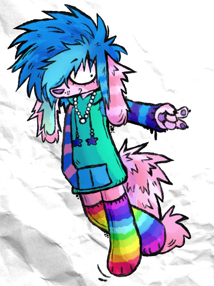 2022 alternative_fashion ambiguous_gender anthro blue_hair canid canine canis clothing domestic_dog fur hair hand_in_pocket hi_res mammal multicolored_clothing pink_body pink_fur pockets scene_(fashion) smile solo spitthesauce