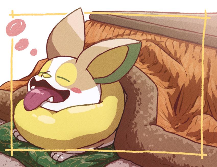 blush_stickers closed_eyes commentary_request cushion fangs happy kotatsu kotobukkii_(yt_lvlv) lying no_humans on_stomach open_mouth pokemon pokemon_(creature) solo table tongue tongue_out yamper