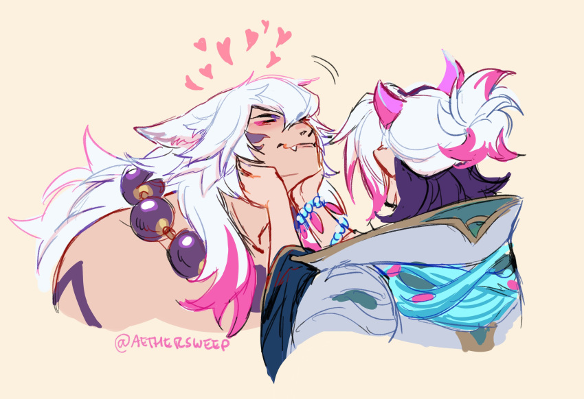 aphelios blush demon_horns fang heart highres horns league_of_legends long_hair petting sett_(league_of_legends) spirit_blossom_aphelios spirit_blossom_sett white_hair