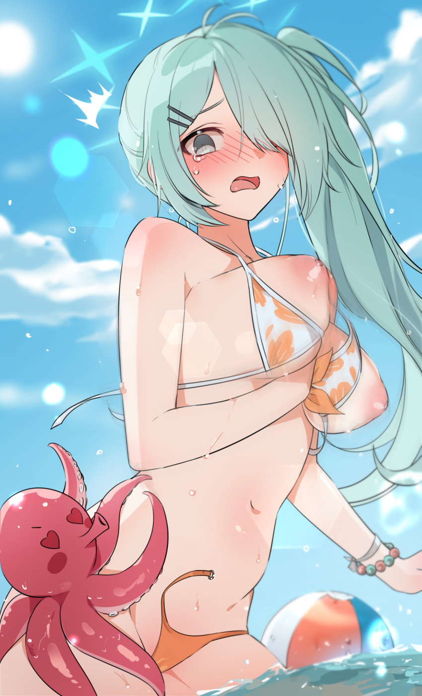 1girl ^^^ arm_between_breasts ball bare_shoulders beachball bead_bracelet beads between_breasts bikini blue_archive blue_sky blush bouncing_breasts bracelet breasts from_behind green_eyes green_hair hair_ornament hair_over_one_eye hairclip halo heart heart-shaped_eyes highres hiyori_(blue_archive) jewelry large_breasts long_bangs navel nipples nose_blush ocean octopus open_mouth parted_bangs partially_submerged puffy_nipples side_ponytail sidelocks sky solo stomach string_bikini swimsuit tearing_up unaligned_breasts wardrobe_malfunction water_drop wet yuke_(sowon5612)