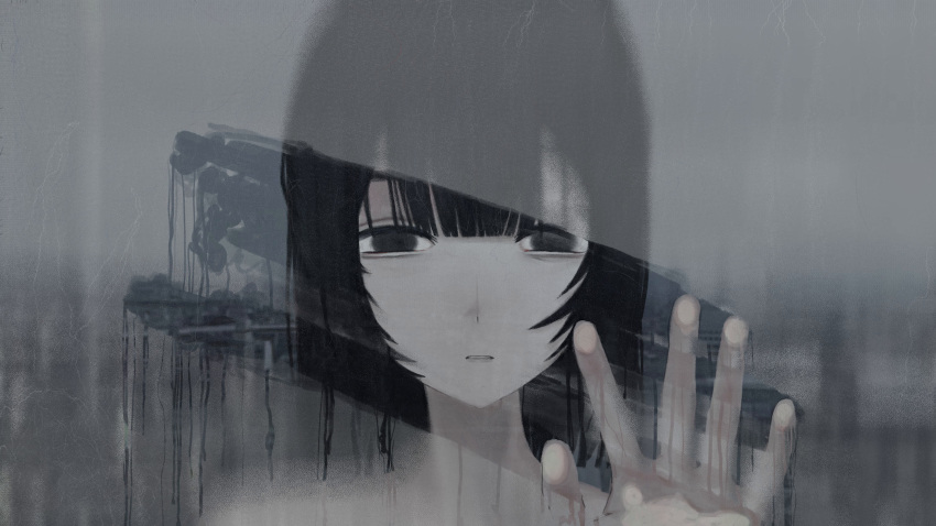 1girl absurdres black_eyes black_hair blank_stare condensation empty_eyes hand_on_glass hand_up highres looking_at_viewer nakase_miru original parted_lips portrait short_hair solo video_crop window_fog