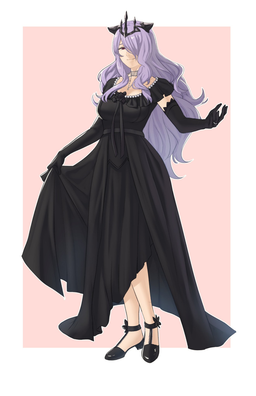 1girl alternate_costume breasts camilla_(fire_emblem) camilla_(light_of_nohr)_(fire_emblem) clothes_lift crown dress dress_lift elbow_gloves fire_emblem fire_emblem_fates fire_emblem_heroes full_body gloves hair_over_one_eye highres horns jewelry large_breasts long_hair looking_at_viewer necklace pink_background pink_eyes pomelomelon purple_hair ring smile solo very_long_hair