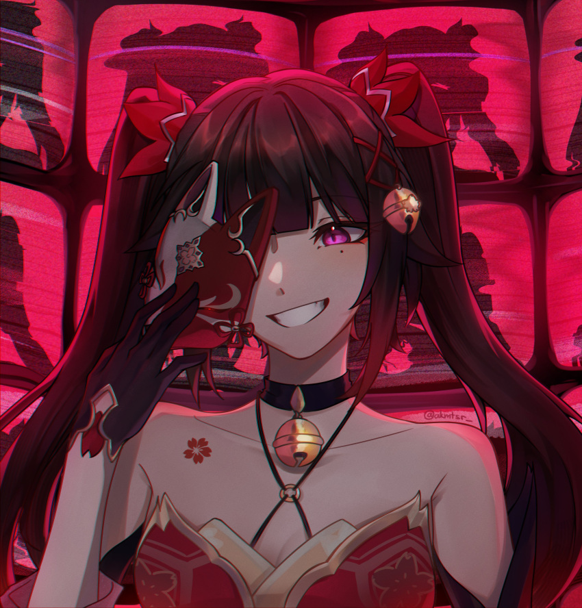 1girl :d absurdres bell black_choker black_gloves bow breasts brown_hair choker cleavage collarbone criss-cross_halter crt dress eyeliner fox_mask gloves gradient_hair grin hair_bow halterneck hand_up highres holding holding_mask honkai:_star_rail honkai_(series) long_hair looking_to_the_side makeup mask multicolored_hair neck_bell o-ring open_mouth pink_eyes portrait red_bow red_dress red_eyeliner red_hair rui_(akmtsr_) sleeveless sleeveless_dress smile solo sparkle_(honkai:_star_rail) teeth television twintails twitter_username