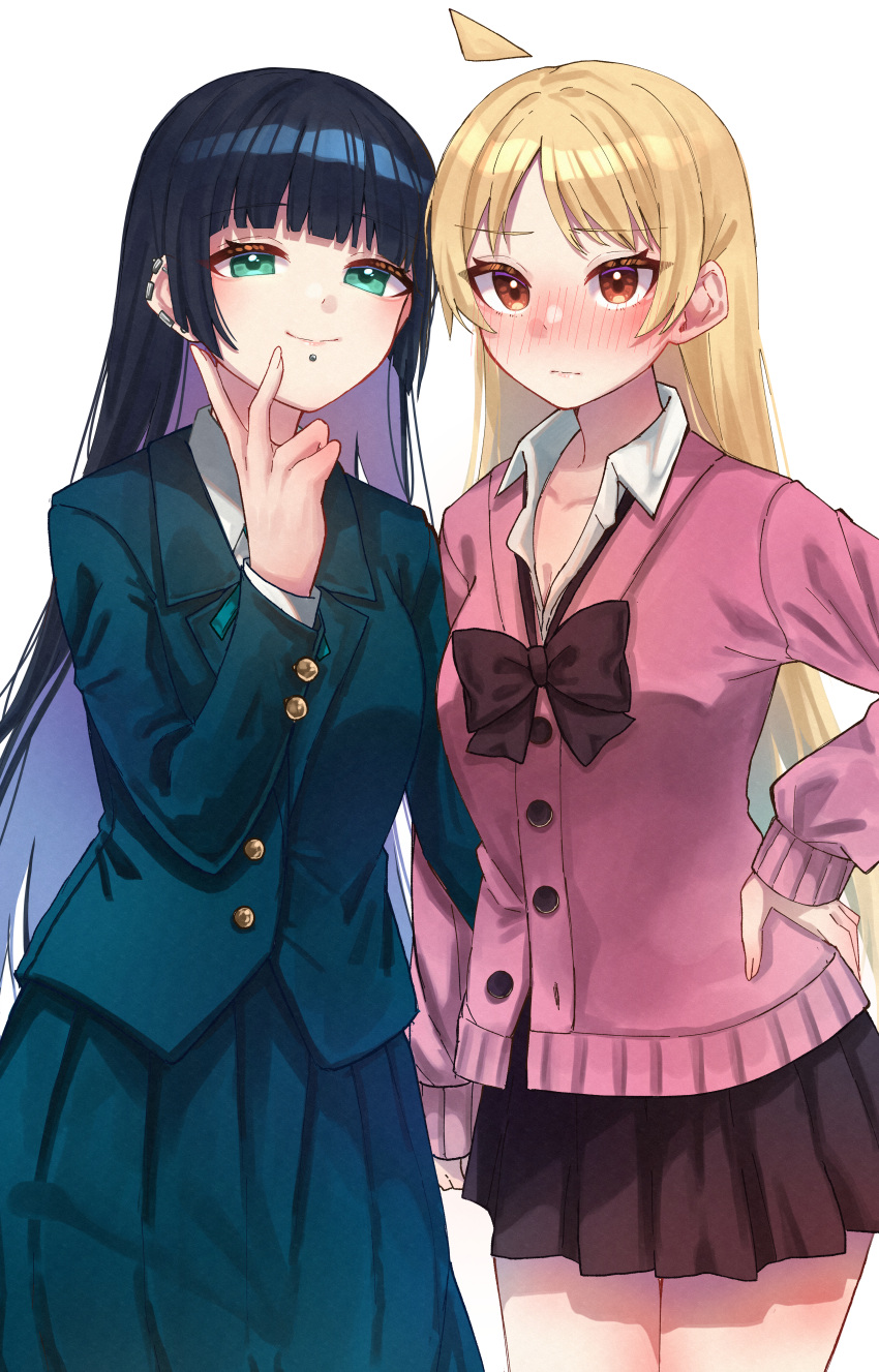 2girls absurdres ahoge aqua_eyes aqua_jacket aqua_skirt black_hair blazer blonde_hair blunt_bangs blush bocchi_the_rock! bow bowtie brown_bow brown_bowtie brown_skirt buttons cardigan chin_piercing closed_mouth colored_inner_hair cowboy_shot earclip eyeliner hand_on_own_hip highres ijichi_seika jacket long_hair long_sleeves looking_at_viewer makeup multicolored_hair multiple_girls open_collar pa-san parted_bangs pink_cardigan pleated_skirt purple_hair red_eyes simple_background skirt smile two-tone_hair white_background yozakurayuyu