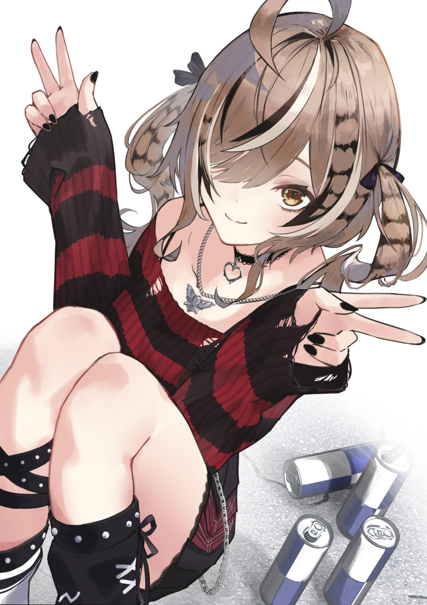 1girl absurdres ahoge black_hair black_leg_warmers black_nails black_ribbon black_sweater breasts brown_hair can choker double_v drink_can fishnet_socks fishnets hair_over_one_eye hair_ribbon highres hololive hololive_english huge_ahoge jewelry lace-trimmed_choker lace_trim large_breasts long_hair looking_at_viewer multicolored_hair nail_polish nanashi_mumei nanashi_mumei_(4th_costume) necklace official_alternate_costume red_sweater reon_(98109reon) ribbon smile socks soda_can solo squatting streaked_hair striped_clothes striped_sweater sweater torn_clothes torn_sweater twintails v virtual_youtuber white_hair white_leg_warmers