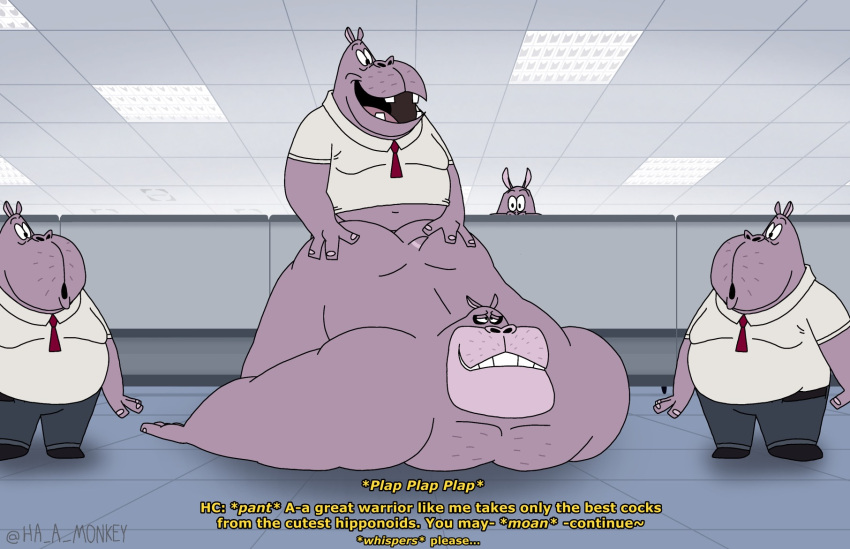 anal anal_penetration anthro being_watched common_hippopotamus detailed_background dialogue duo from_behind_position group ha_a_monkey hand_on_butt hi_res hipponoid_commander hippopotamid humanoid looking_at_another male male/male mammal muscular muscular_male nickelodeon office on_the_floor overweight overweight_male penetration public public_nudity public_sex rock_paper_scissors_(nickelodeon) sex size_difference small_dom_big_sub tail text