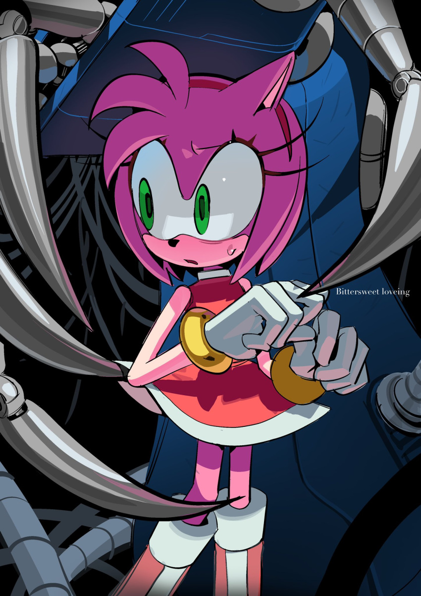 1boy 1girl amy_rose claws dress furry furry_female gloves green_eyes highres metal_overlord metal_sonic mojunpwo robot solo_focus sonic_(series) sonic_heroes white_gloves